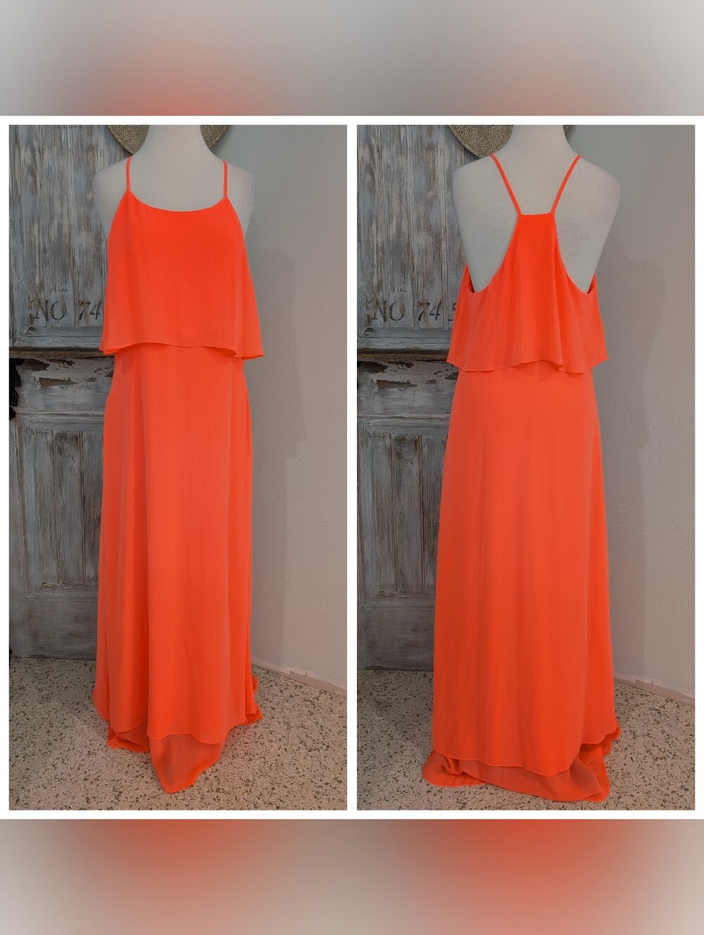 Gianni Bini Neon Coral Layered Spaghetti-Strap Maxi Dress